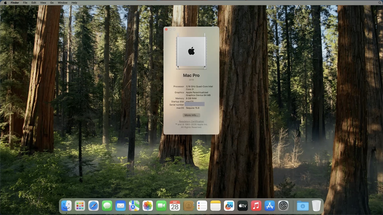 Área de trabalho do macOS Sequoia 15.8 em uma VM do vGPU OS, com Sobre este Mac aberto: Mac Pro 2019, gráficos Apple Paravirtualized Graphics Device 64 MB e 8 GB de memória. Número de série oculto.